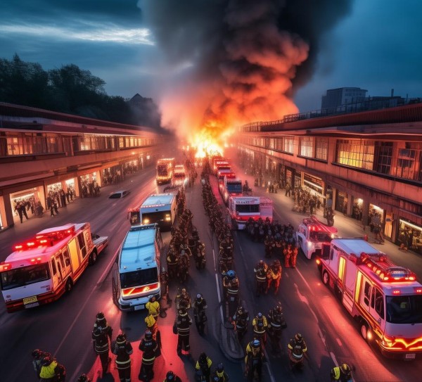 商贸城园区火灾,紧急警戒阵 商贸城园区火灾,紧急警戒阵